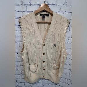 Vintage Nautica Men's Cotton Cable Knit Cardigan Sweater Vest Beige medium